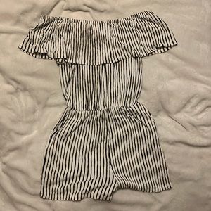 Off the shoulder black & white striped romper
